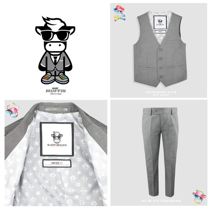 Black n Bianco Boys' First Class Slim Fit Suits Lightweight Style. Presented by Baby Muffin (5, Rustic Gray) - Image 2